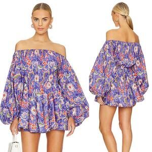 NEW Caroline Constas Charli Enchanted Paisley Off-Shoulder Mini Dress Blue